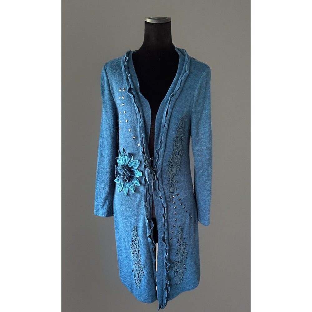 Pretty Angel Boho Duster Cardigan  Linen Blend Blue Floral Lace Appliqué Size S - Picture 2 of 12